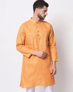 men striped regular fit long kurta with mandarin collar