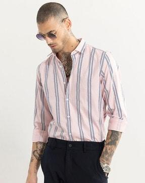 men striped regular fit shirt with cuffed sleeves