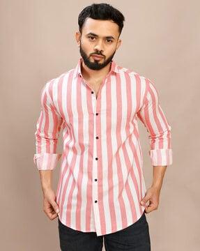 men striped regular fit shirt with curved hem