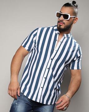 men striped regular fit shirt with mandarin collar