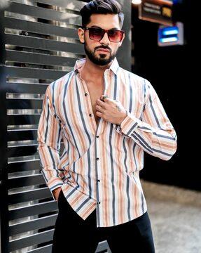 men striped regular fit shirt with patch pocket