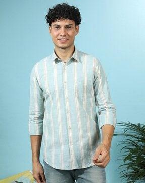 men striped regular fit shirt with patch pocket