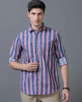 men striped regular fit shirt with patch pockets