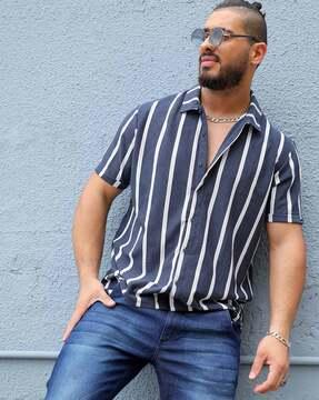 men striped regular fit shirt with short sleeves