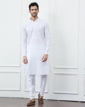 men striped regular fit striped long kurta with mandarin collar