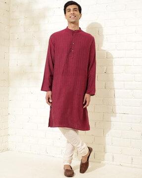 men striped relaxed fit long kurta with mandarin collar