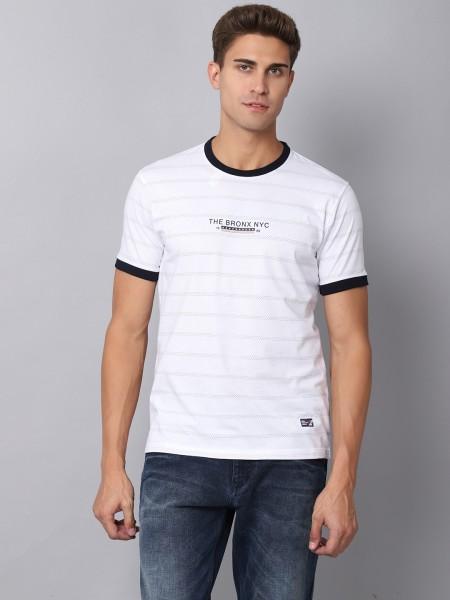 men striped round neck cotton blend white t-shirt