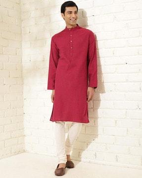 men striped slim fit long kurta with mandarin collar