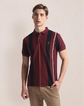 men striped slim fit polo t-shirt with logo embroidery