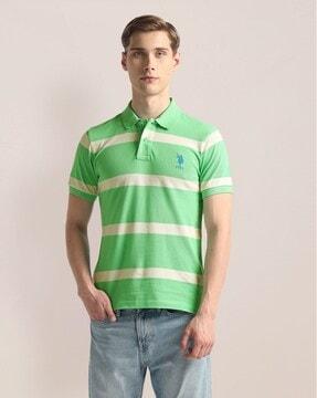 men striped slim fit polo t-shirt with logo embroidery