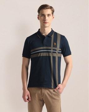 men striped slim fit polo t-shirt with logo embroidery