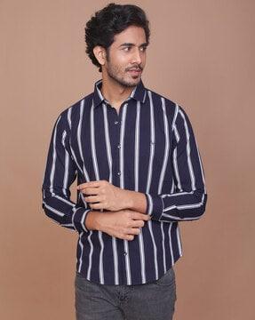 men striped slim fit shirt with curved hem