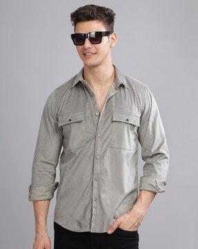 men striped slim fit shirt with flap pockets