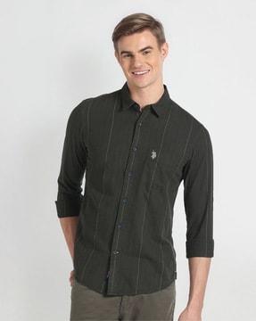 men striped slim shirt with patch pocket