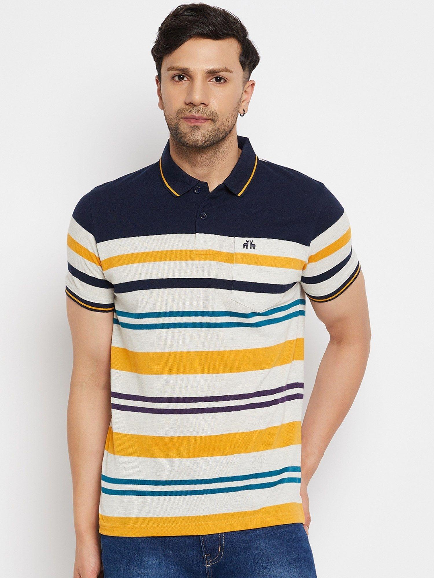 men striper polo neck t-shirt-navy blue