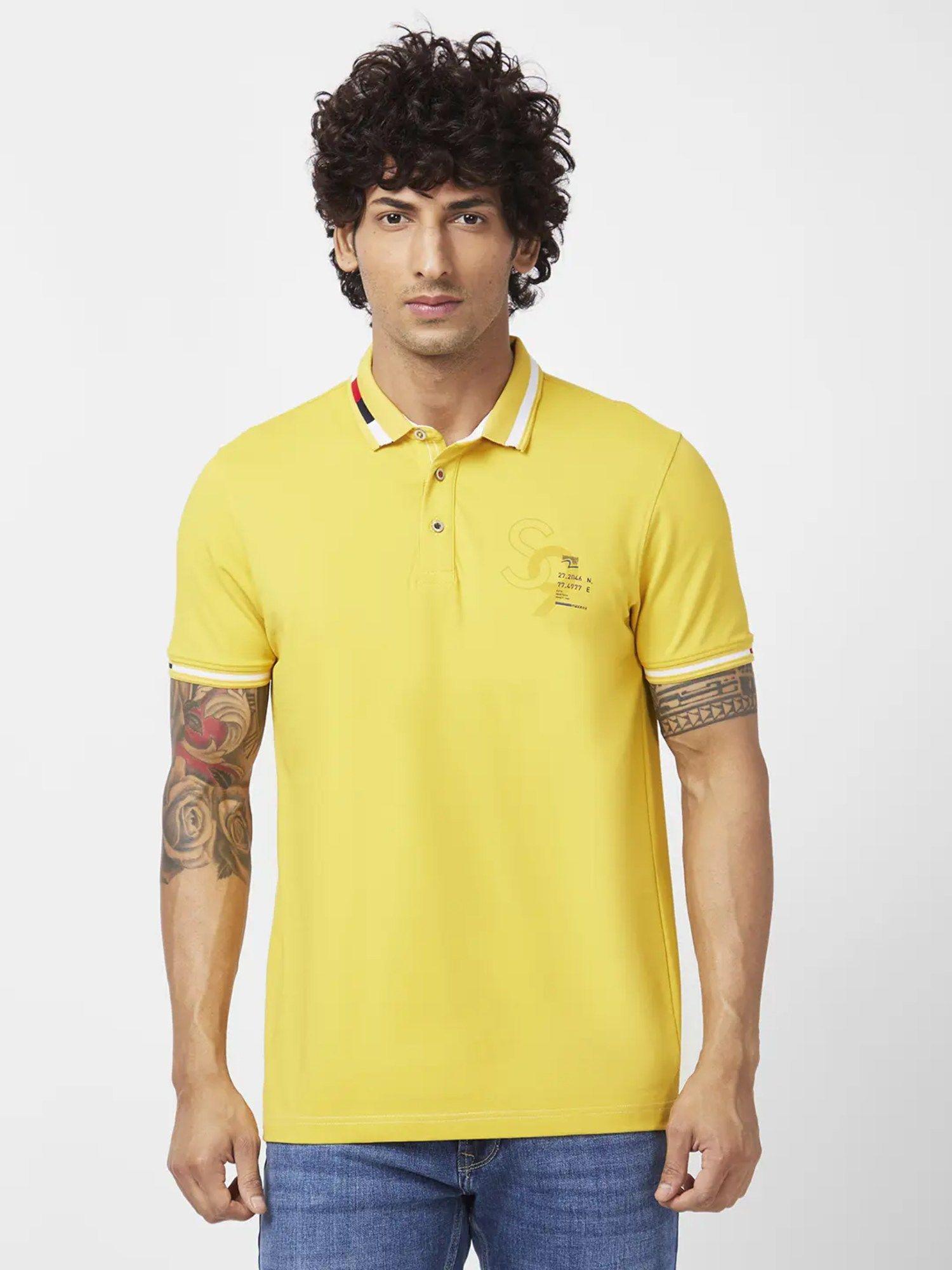men sulphur yellow blended slim fit half sleeve collar neck plain polo t-shirt