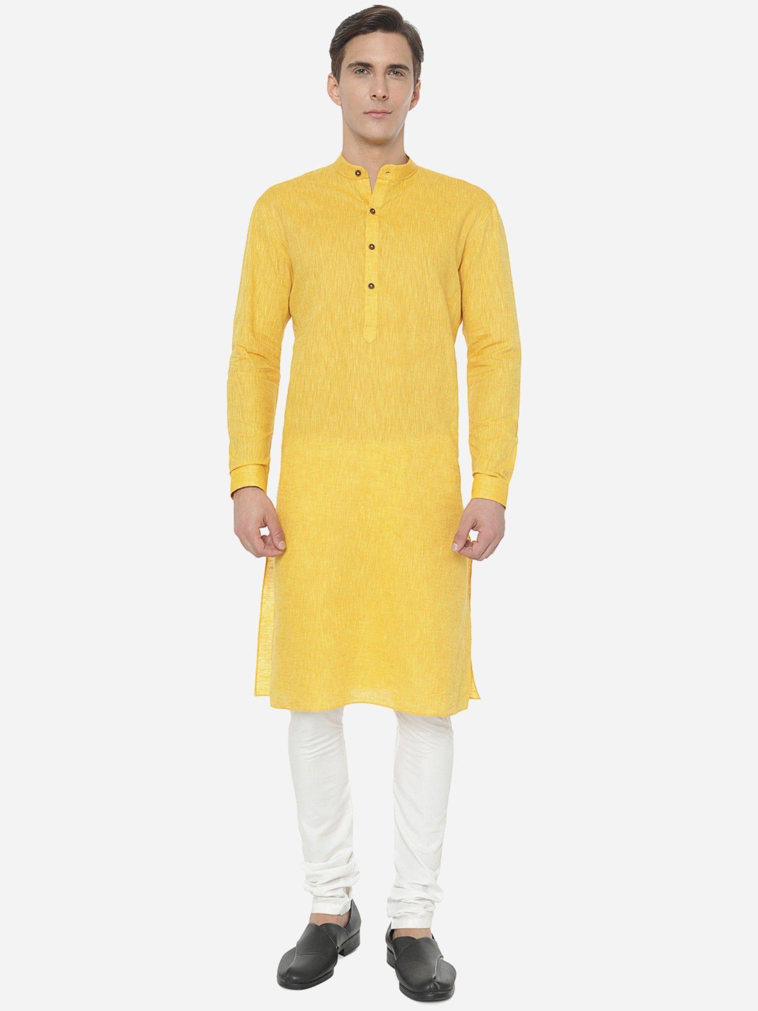 men sunshine yellow cotton regular fit self-textured modi kurta