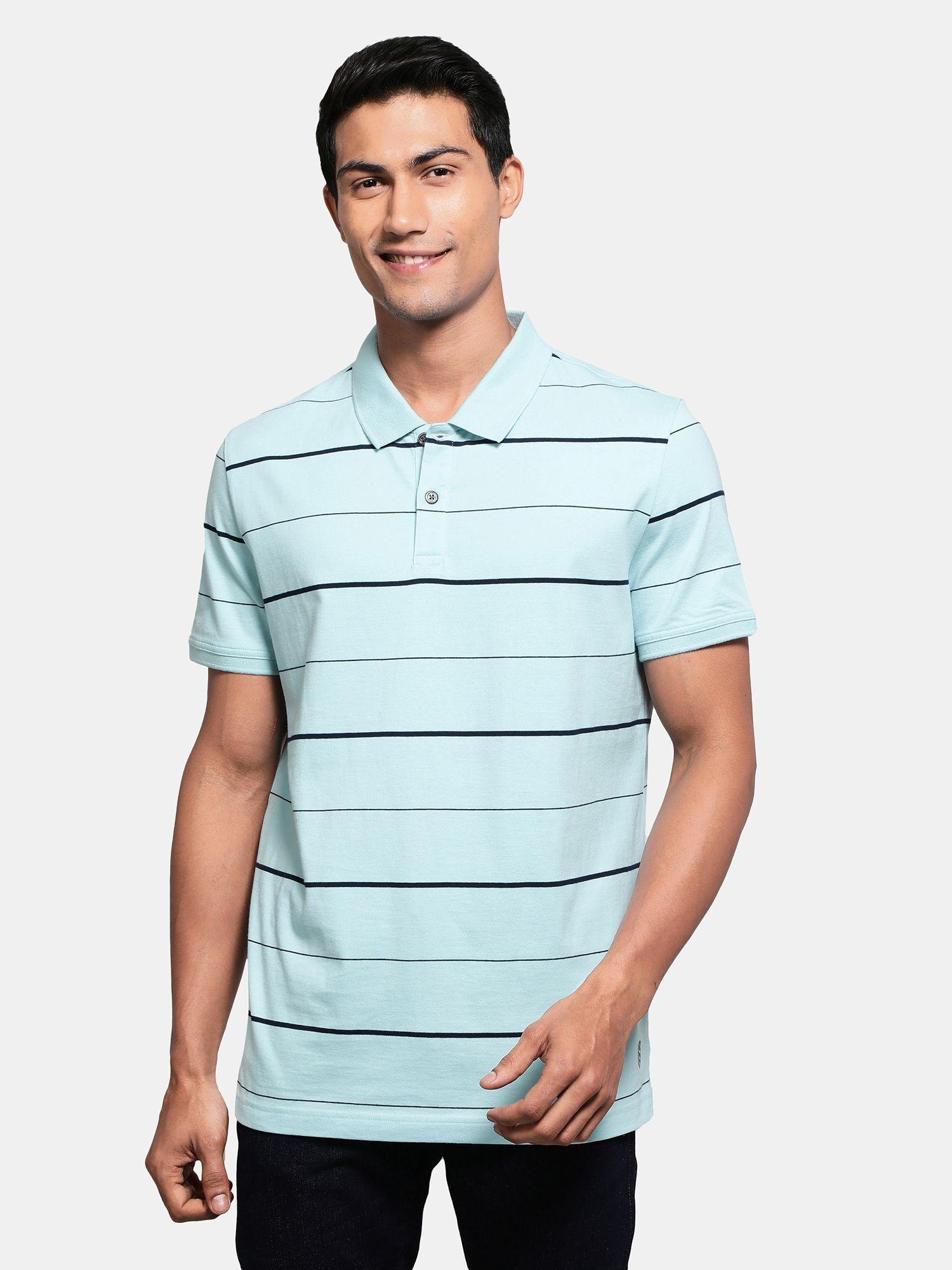 men super combed cotton rich striped half sleeve polo t-shirt sea angel aqua