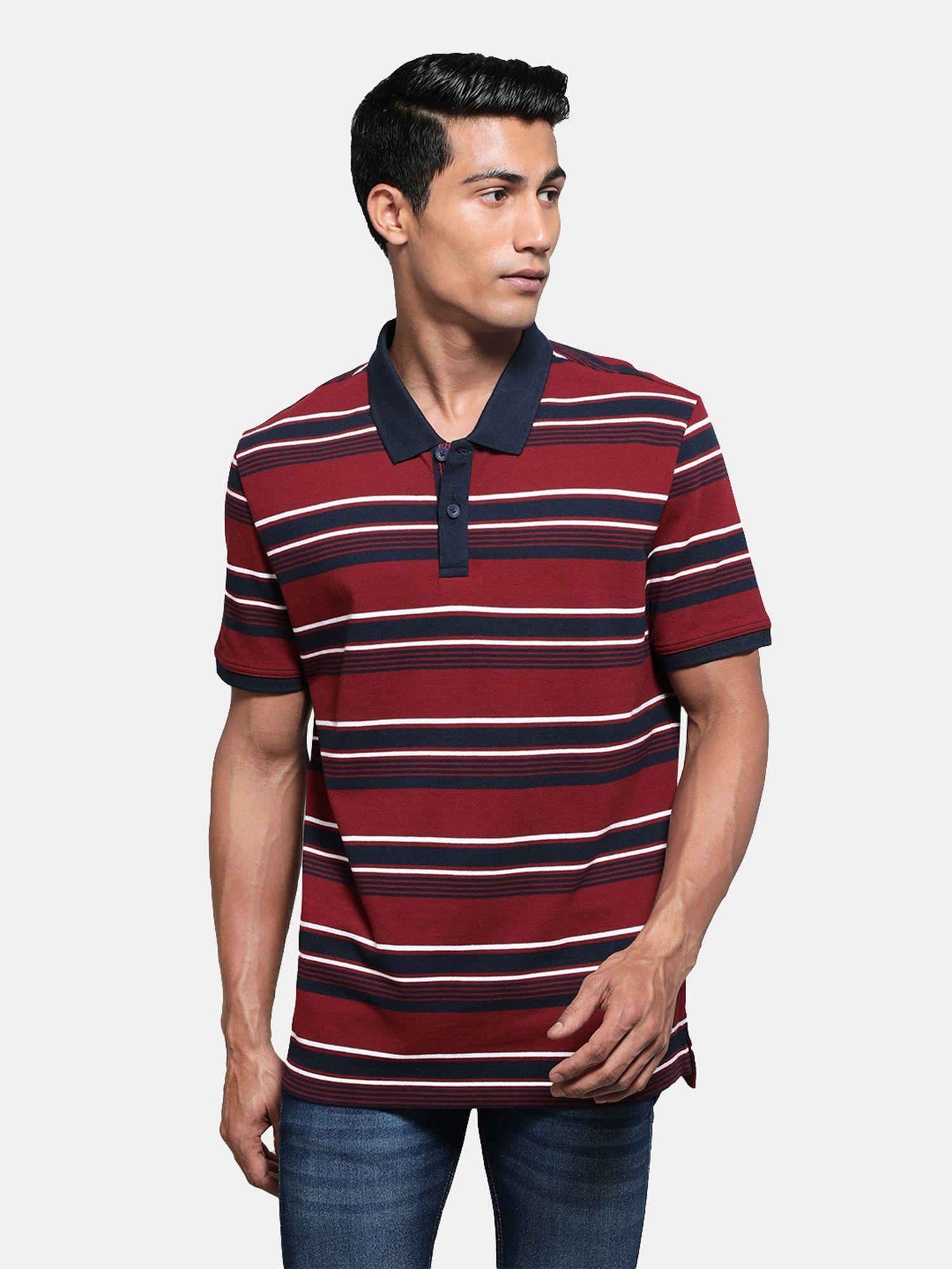 men super combed cotton rich striped polo t-shirt deep red & navy