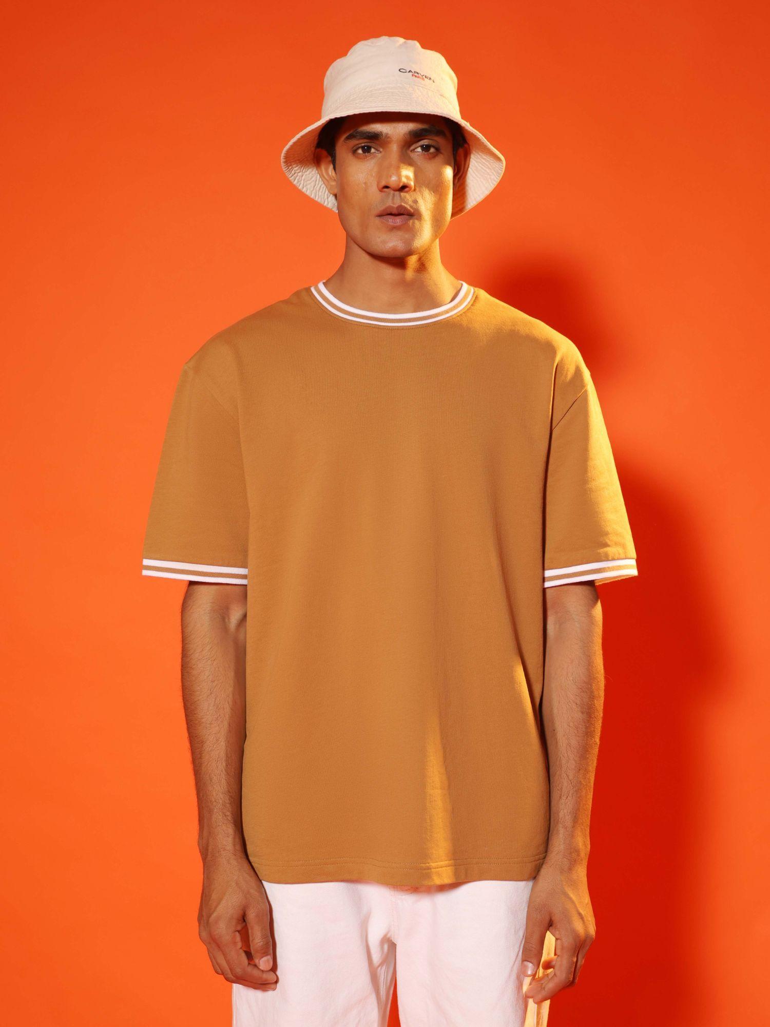 men tan brown round neck oversized t-shirt with contrast rib details