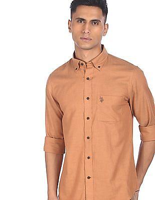 men tan button down collar solid casual shirt