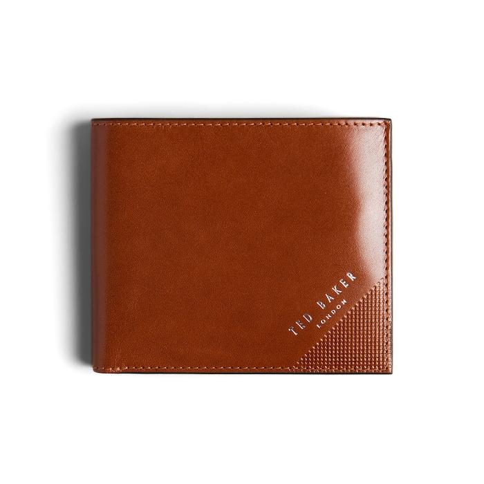 men tan embossed corner leather bifold coin wallet