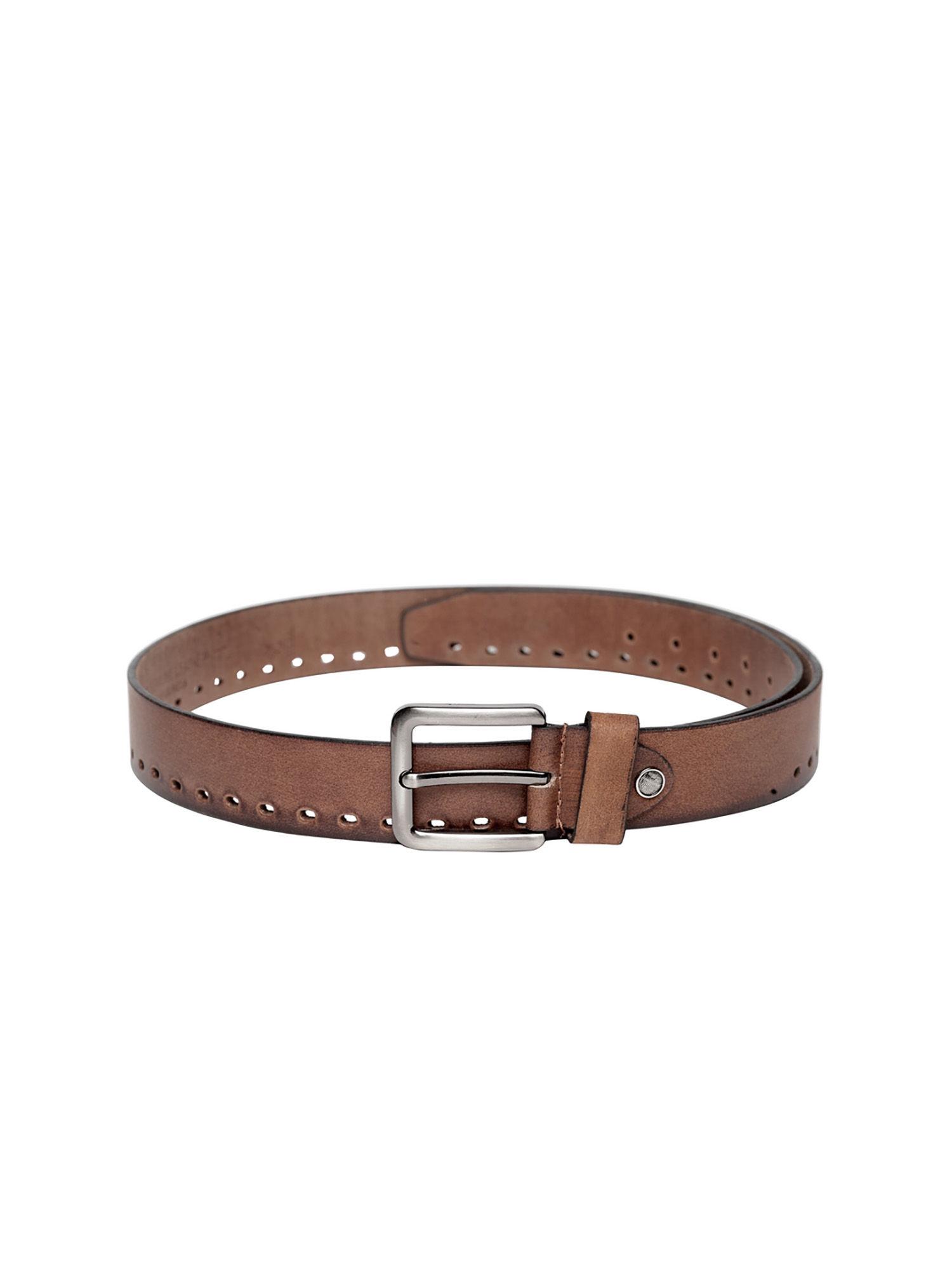 men tan solid genuine leather belt with cut out details