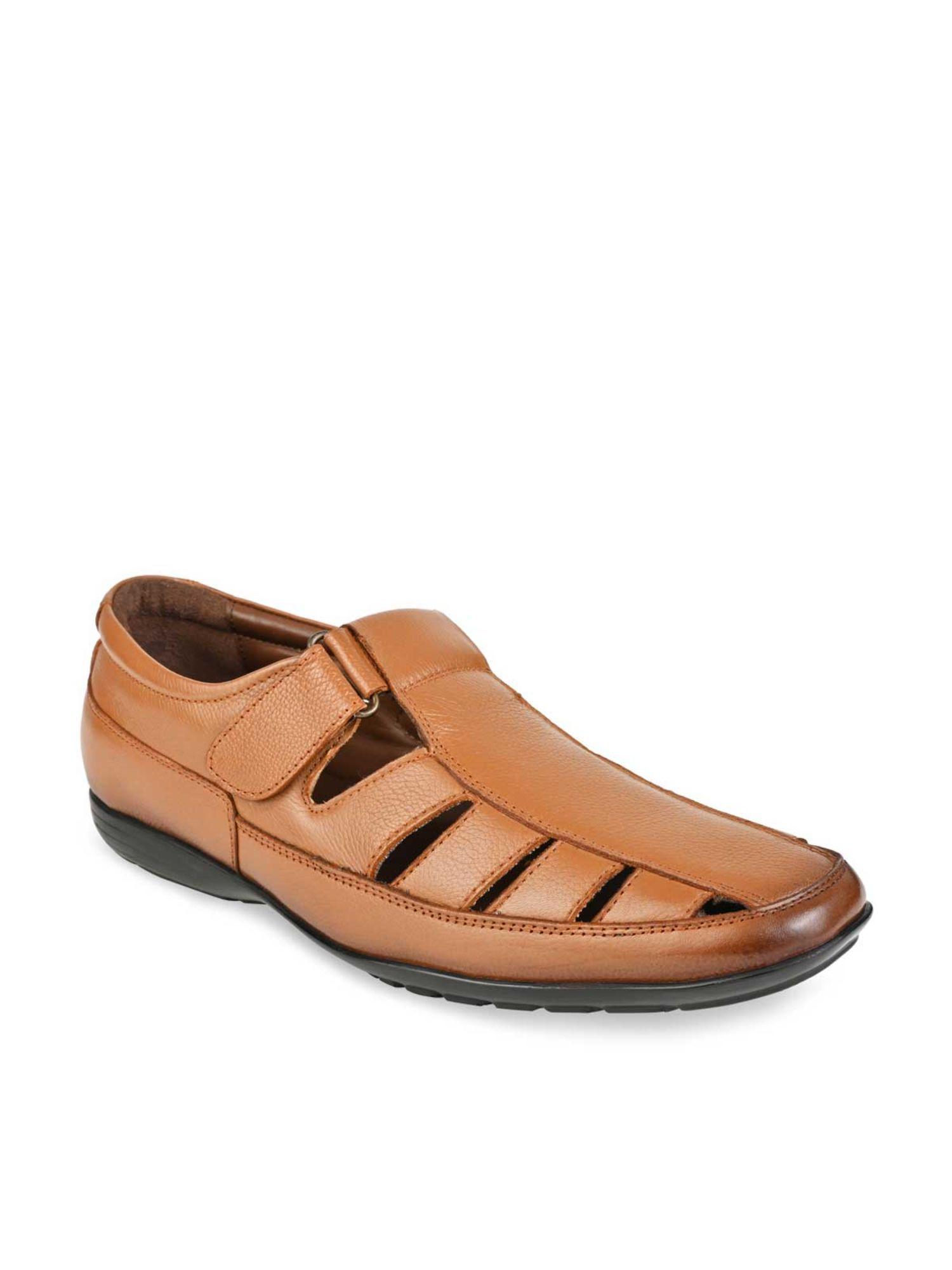 men tan solid leather sandals