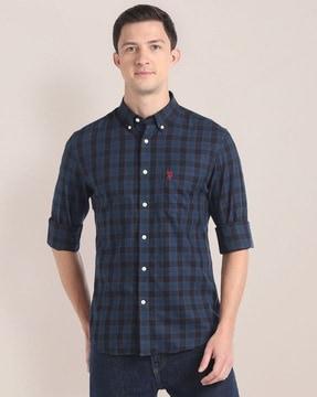 men tartan checked regular fit shirt with patch pocket