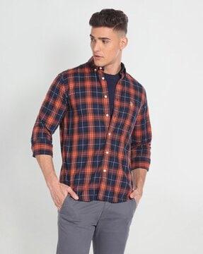 men tartan checked slim fit shirt