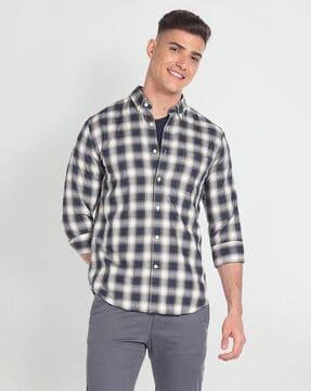 men tartan checked slim fit shirt