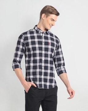 men tartan checked slim fit shirt