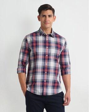 men tartan checked slim fit shirt