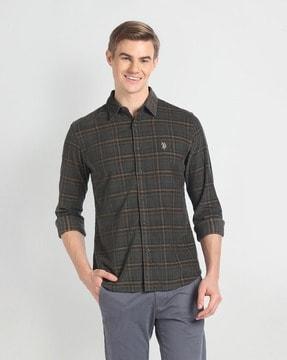 men tartan checked slim fit shirt