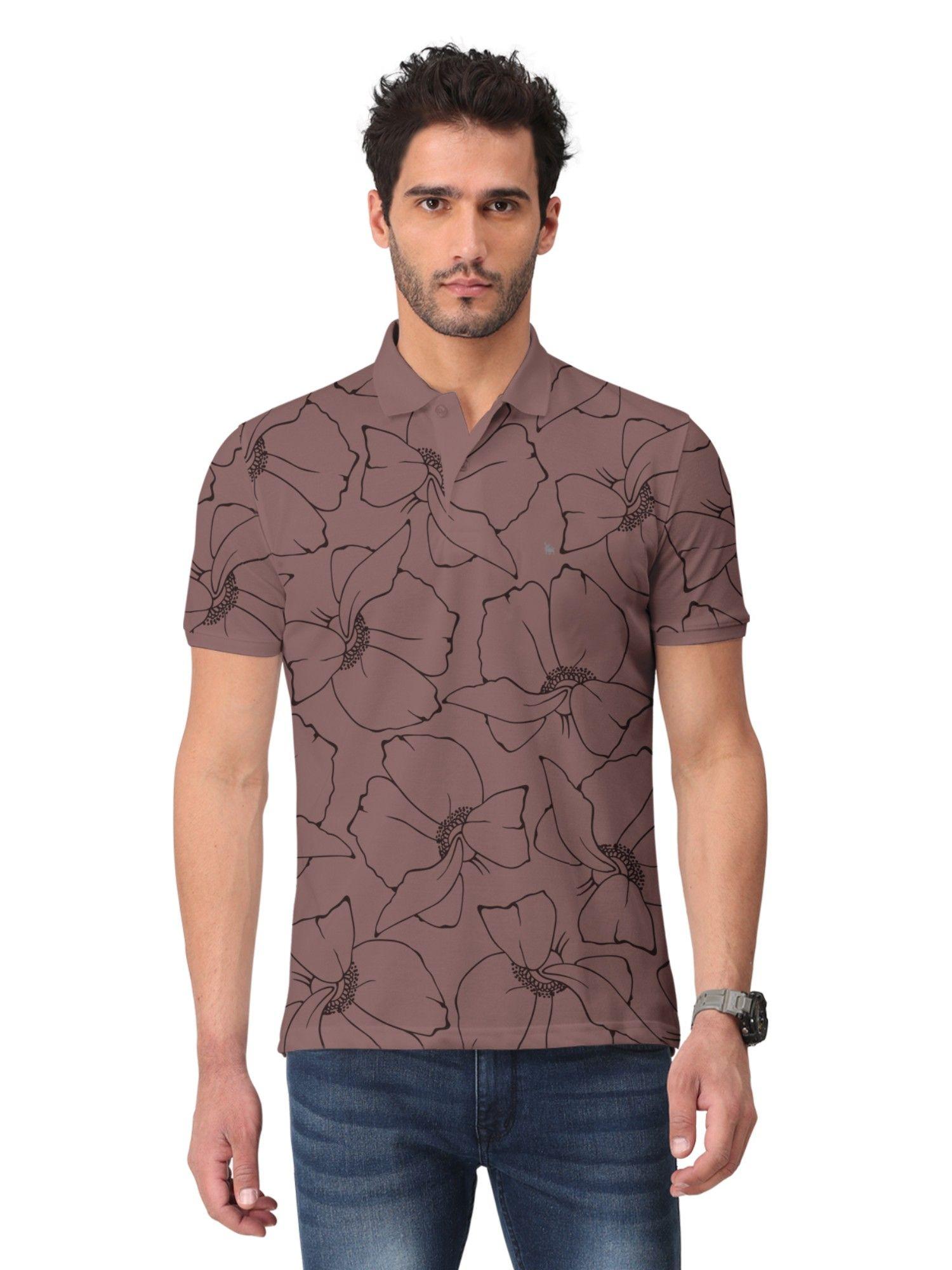 men taupe trendy printed half sleeve collar neck t-shirt