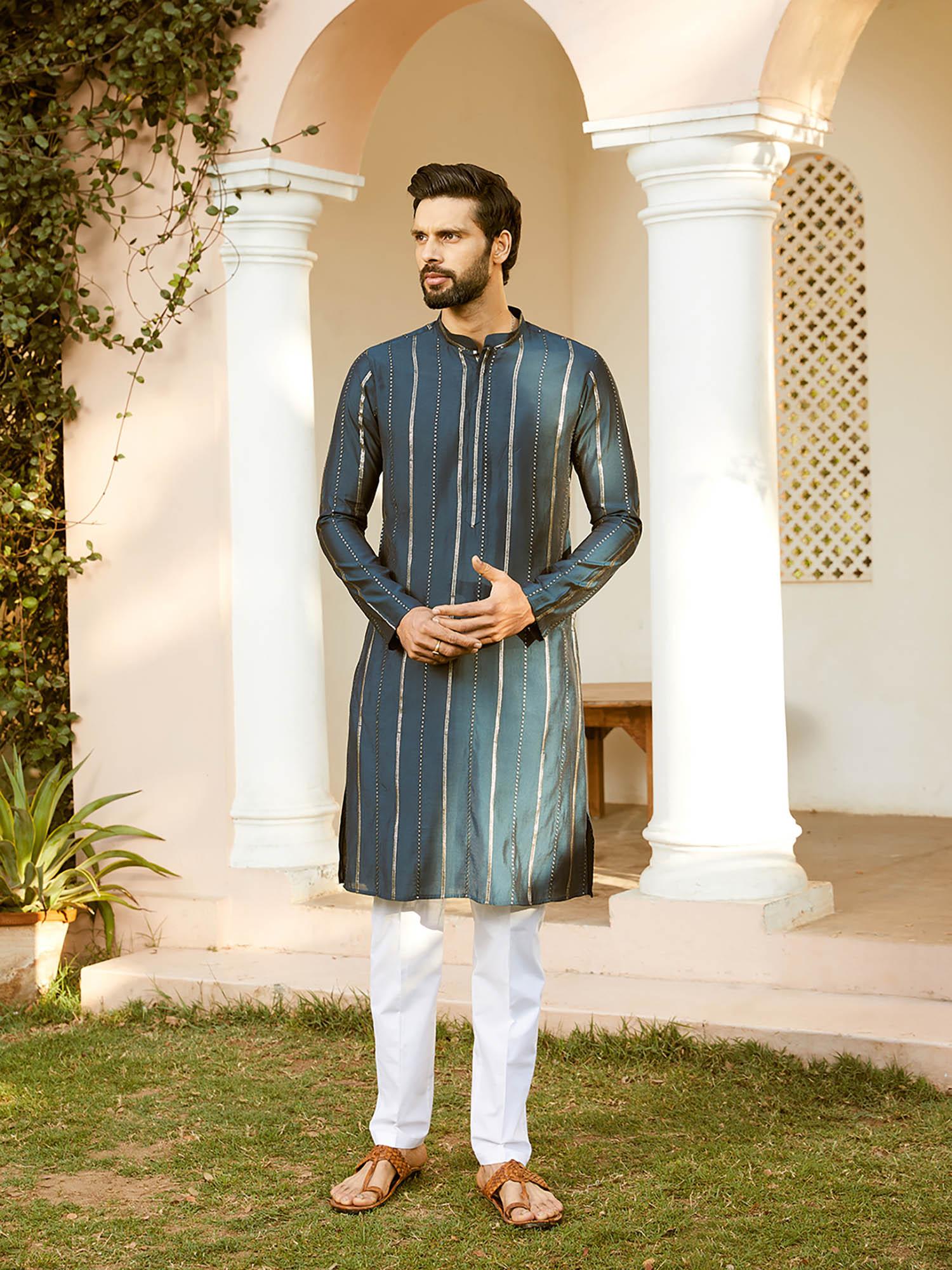 men teal and gold chanderi silk sequins kurta with pyjama (set of 2)