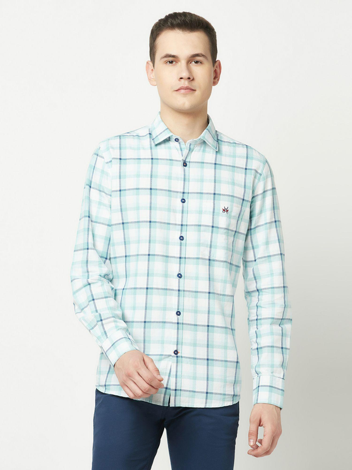 men teal blue checkered shirt