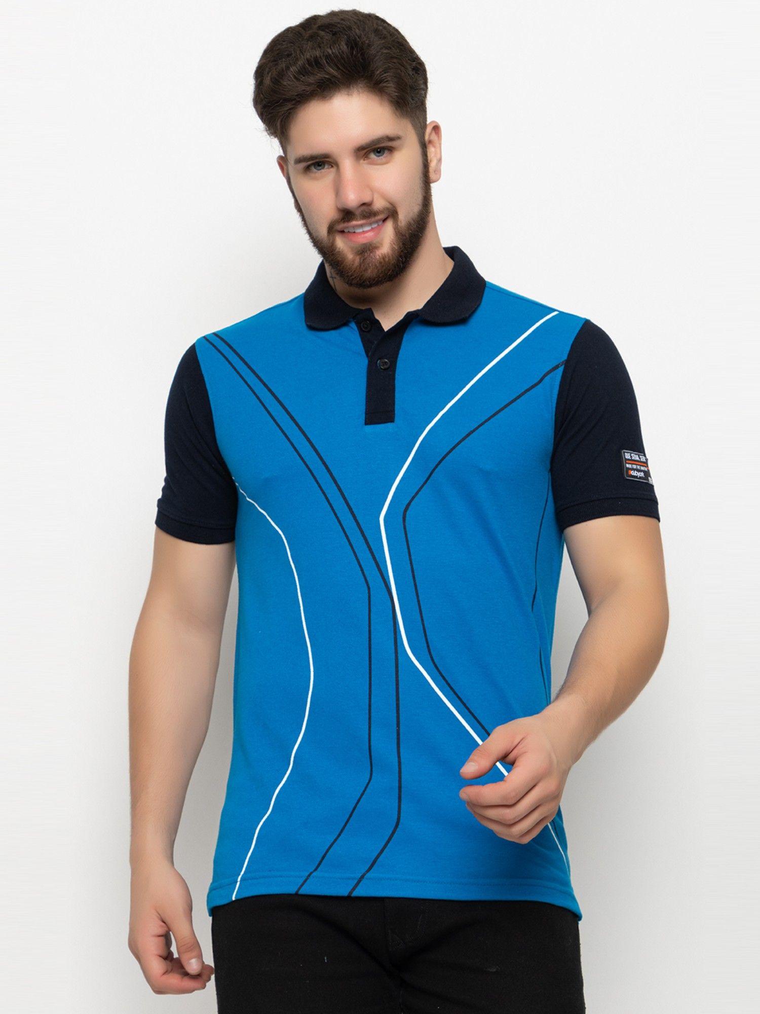 men teal blue colorblocked polo t-shirt