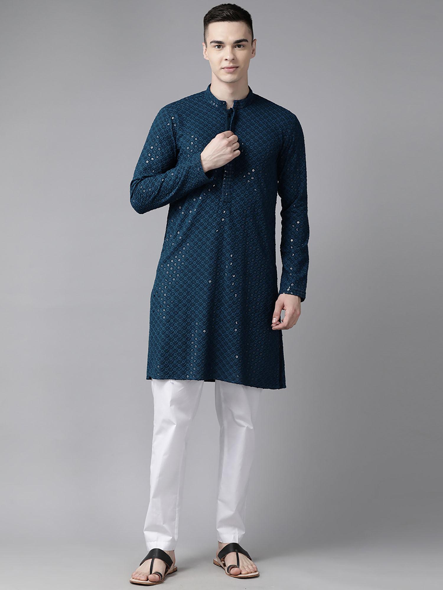men teal blue embroidered sequined rayon kurta