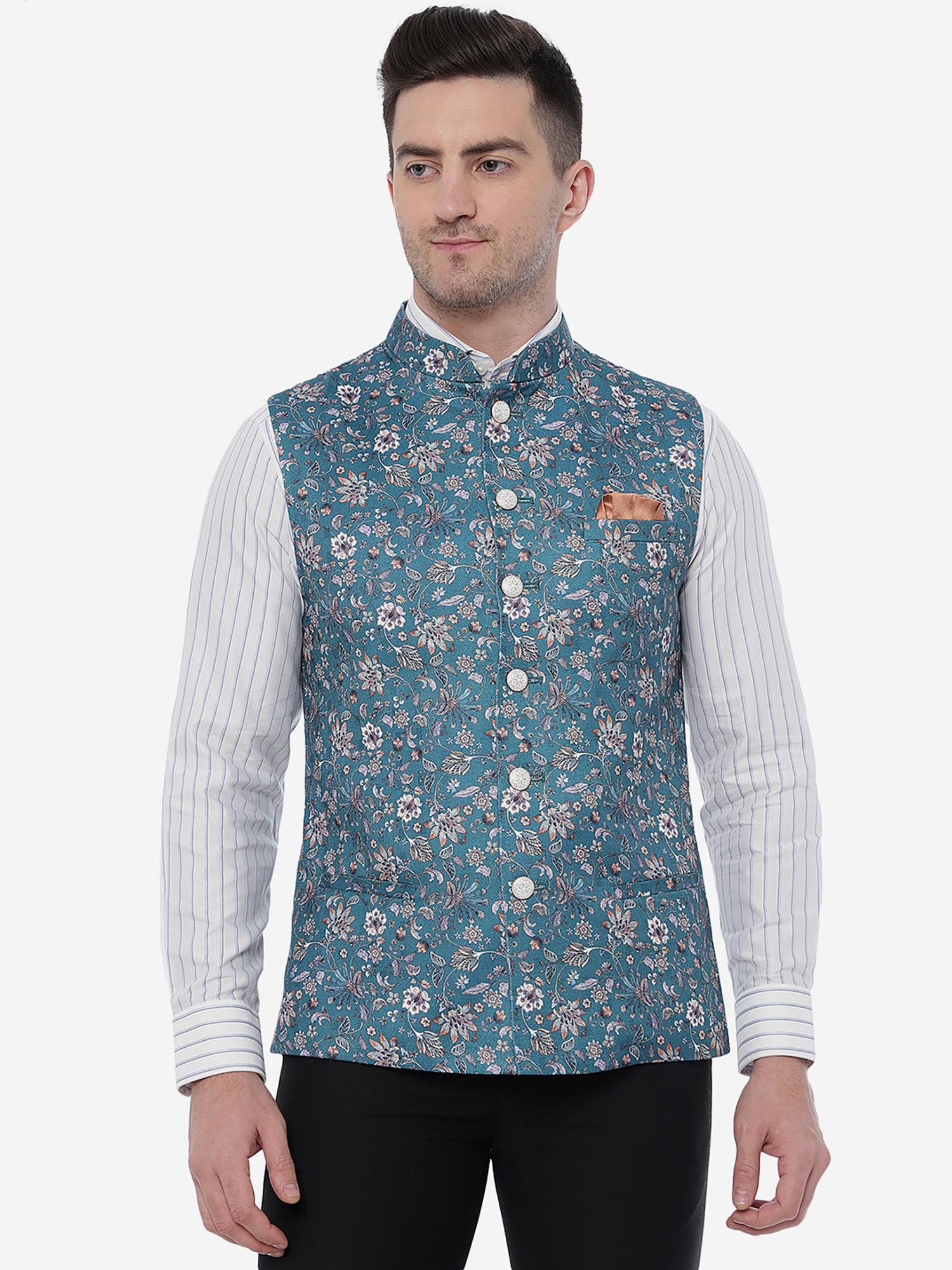 men teal blue floral printed bandhgala jacket