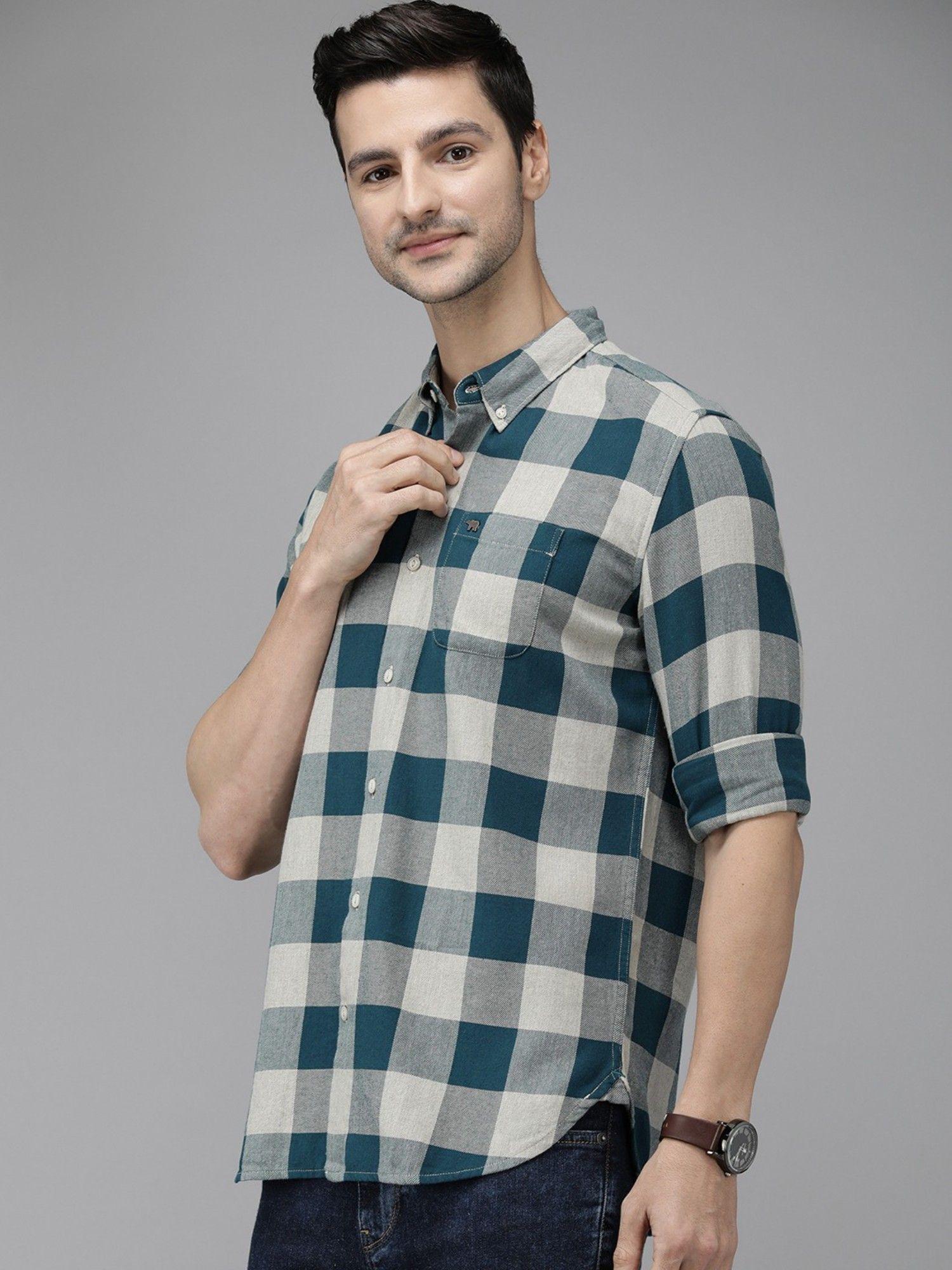 men teal bule checked button-down slim casual shirt