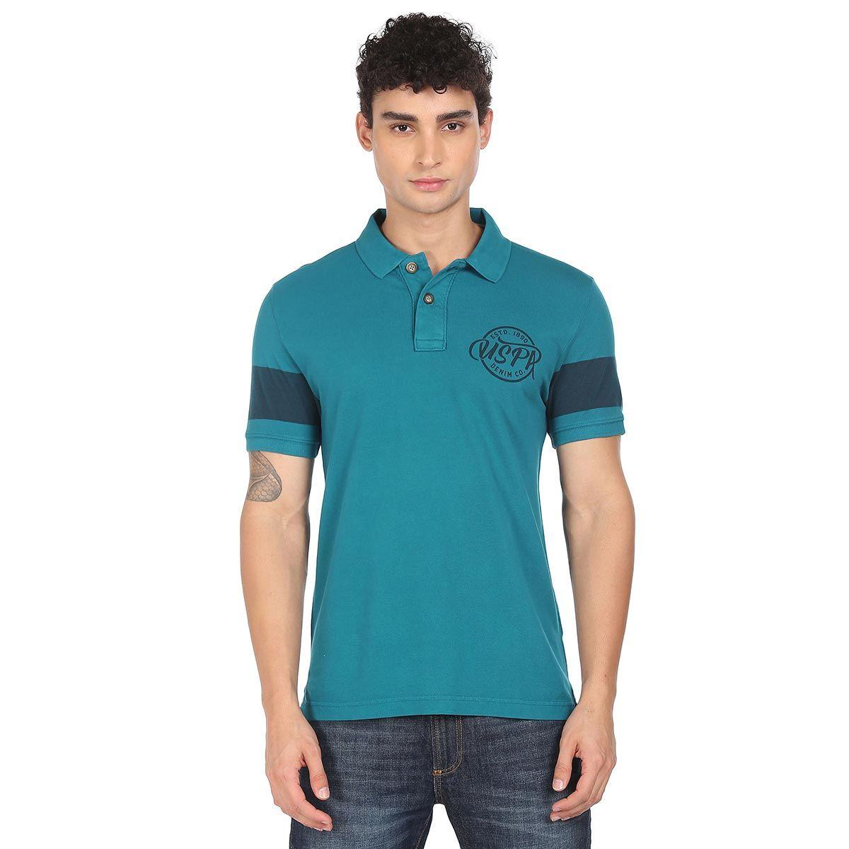 men teal contrast pannel solid polo t-shirt