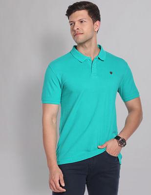 men teal cotton solid polo shirt