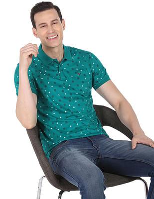 men teal geometric print cotton polo shirt