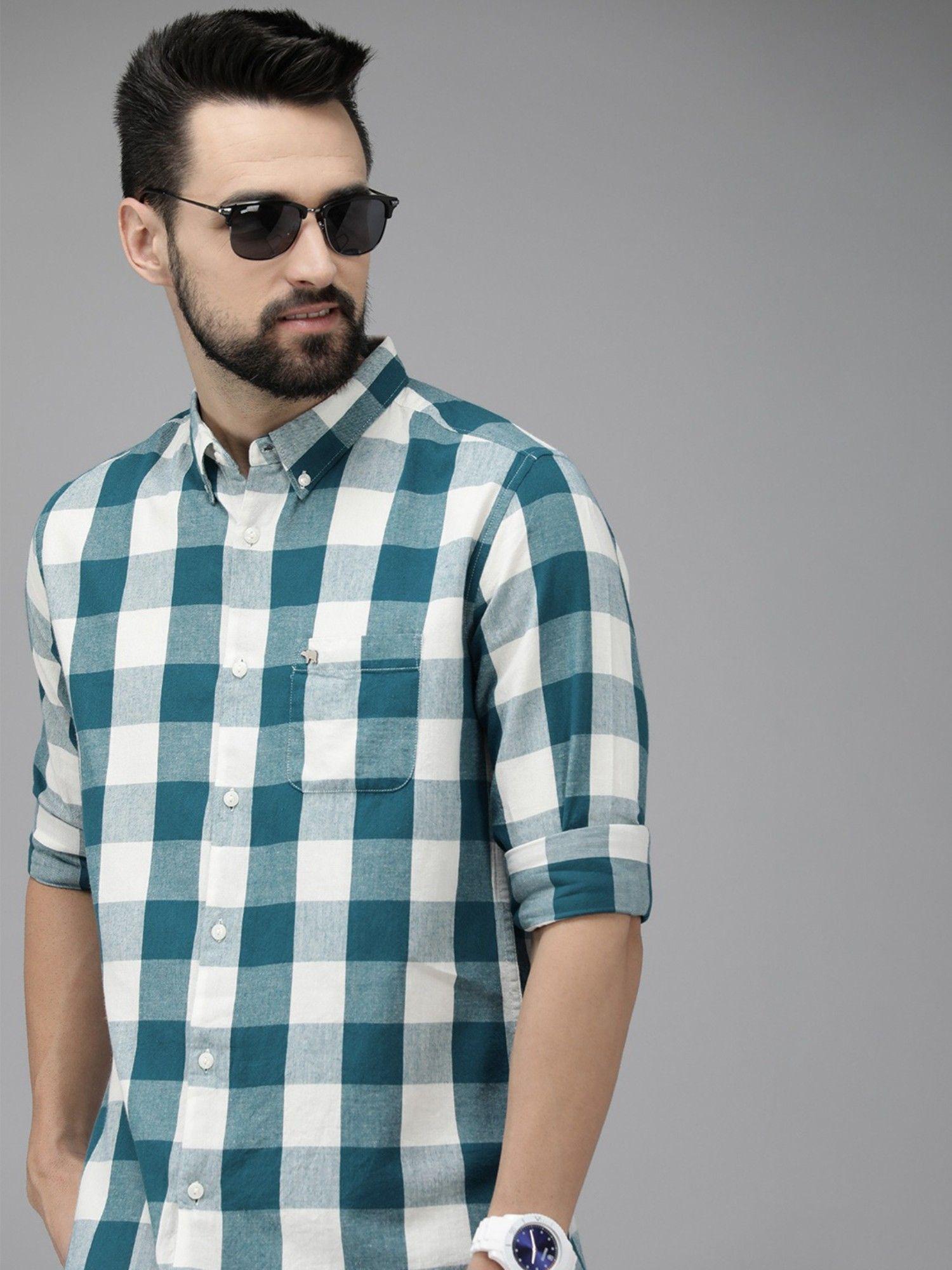 men teal silm checked flannel casual shirt