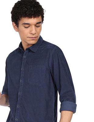 men teal solid corduroy weave casual shirt