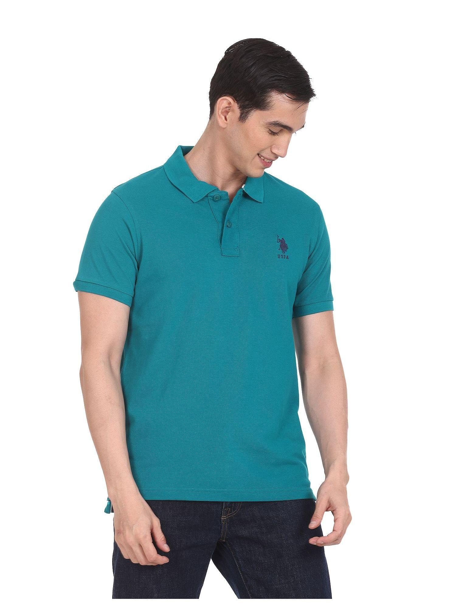 men teal solid cotton pique polo t-shirt