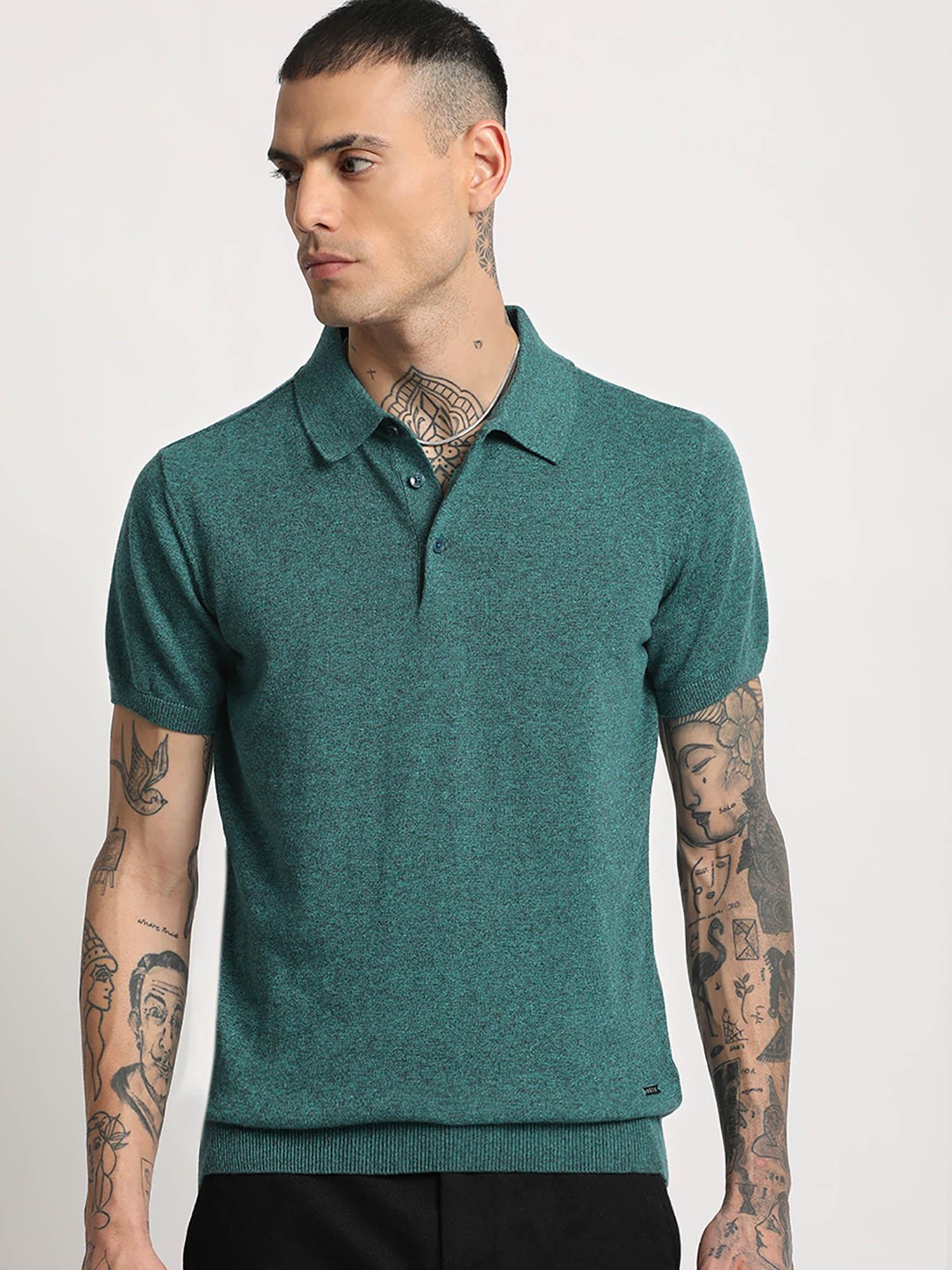 men teal solid regular fit polo t-shirt