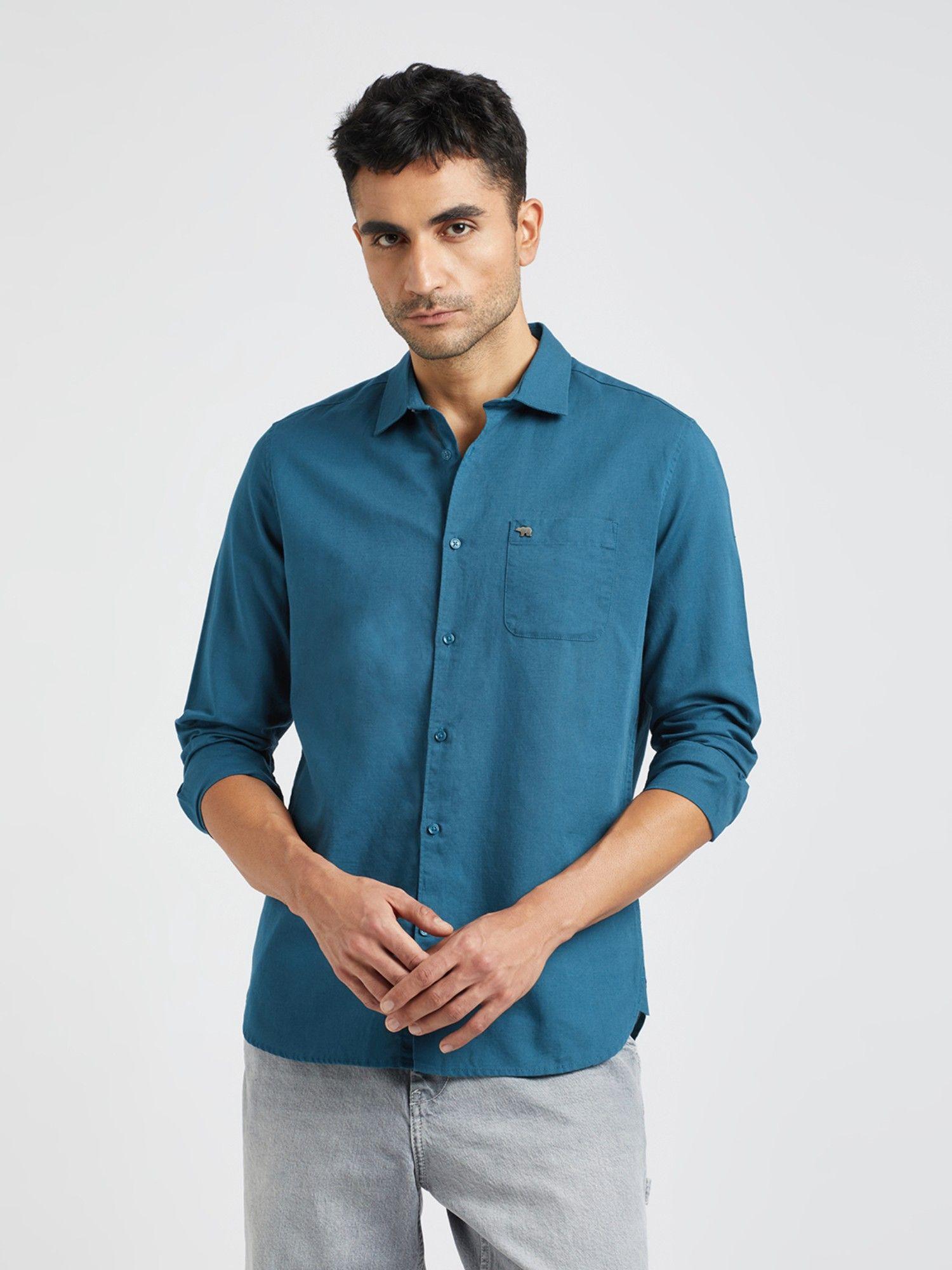 men teal solid slim fit cotton linen casual shirt