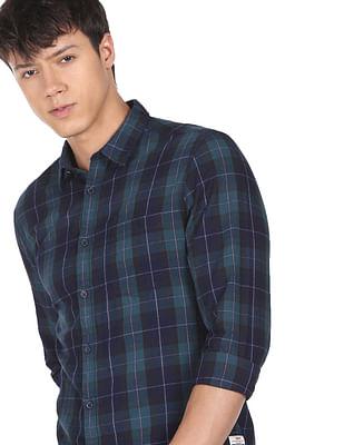 men teal spread collar plaid check twill casual shirt